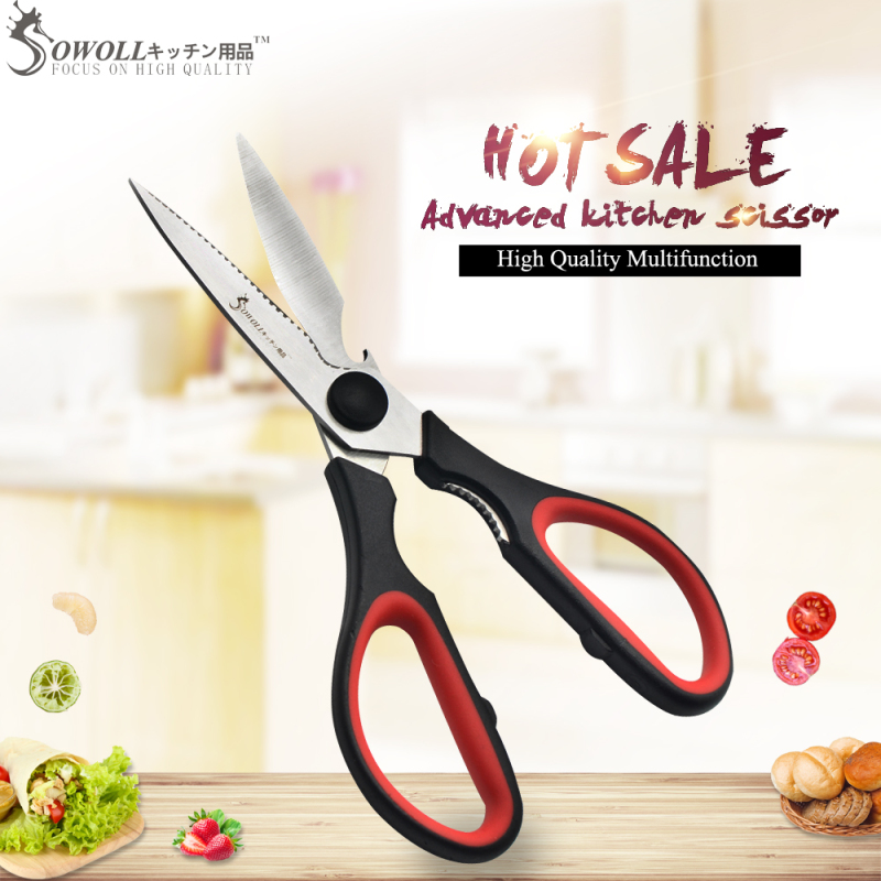 Sowoll Multipurpose Stainless Steel Kitchen Scissors Handmade Plastic Handle Serrated Blade Shear