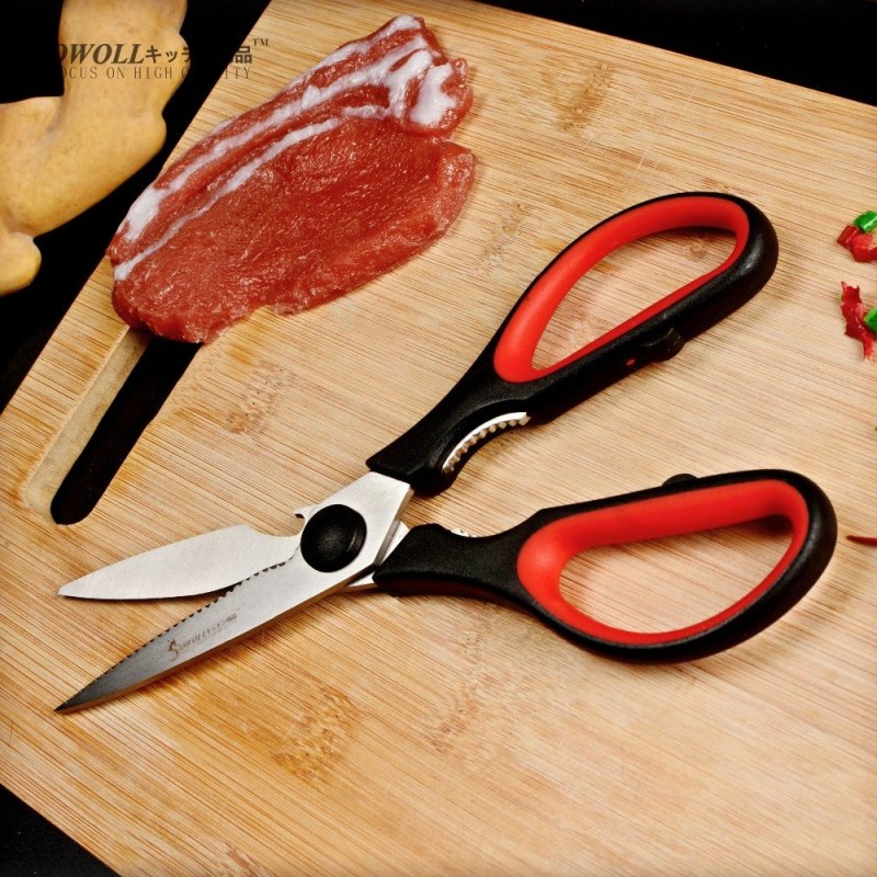 Sowoll Multipurpose Stainless Steel Kitchen Scissors Handmade Plastic Handle Serrated Blade Shear