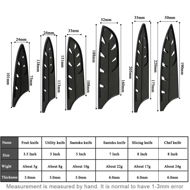 XYj 6 pcs Black ABS Plastic Kitchen Knife Stainless Steel Knife Blade Protector Set For 3.5 5 7 8 8 8 inches Knife Sheath Cover