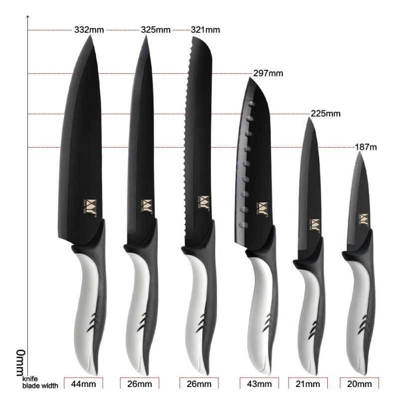 XYj Stainless Steel Kitchen Knife Set Black Blade Paring Utility Santoku Chef Slicing Bread Knife
