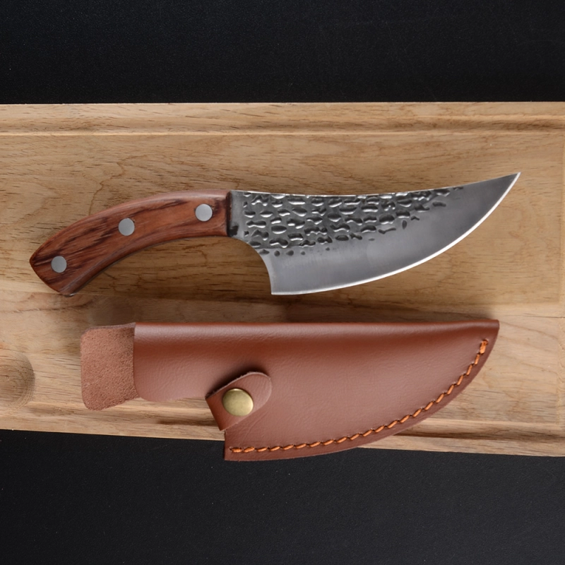 XYj Hot Selling High Quality Full Tang Wood Handle Hammer Finished Hunting Outdoor 5.5 Inch Handmade Hand Forged Boning Knife With Leather Sheath