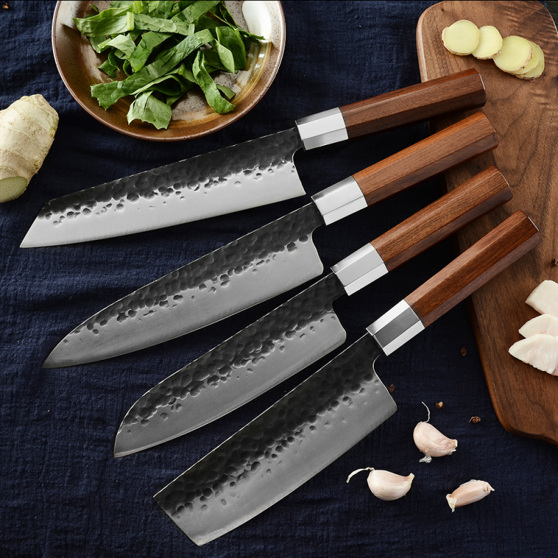 XYj Wholesale Japanese Style Non-stick Hammer Finished Hand Forged Chef Santoku Kiritsuke Nakiri Cleaver Knife 4pcs Japanese Kitchen Knife Set With Le