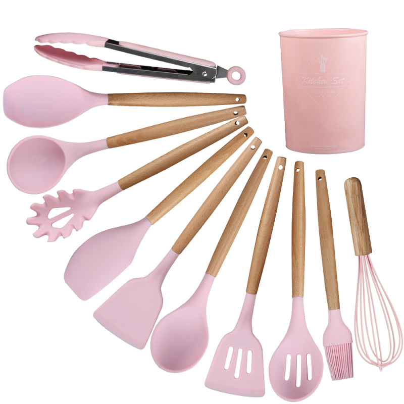 XYj 12 Piece Kitchenware Set Silicone Kitchen Cooking Utensils Set Holder Wood Handle Non-stick FDA SGS Food Grade Heat Resistant Christmas Gift