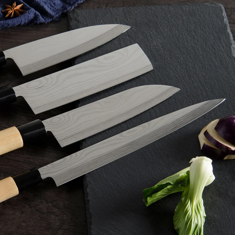 XYj Best 4pcs Wood Handle Japanese Stainless Steel Cooking Kitchen Knives Damascus Pattern Single Bevel Good Balance Sashimi Santoku Nakiri Deba Knife