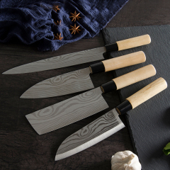 XYj Best 4pcs Wood Handle Japanese Stainless Steel Cooking Kitchen Knives Damascus Pattern Single Bevel Good Balance Sashimi Santoku Nakiri Deba Knife