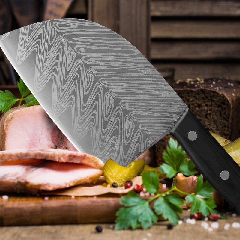 XYJ Full Tang Butcher Knife Stainless Steel Serbian Chef Knife Kitchen Knife with Knife Sleeves for Camping Hunting Outdoor Survival