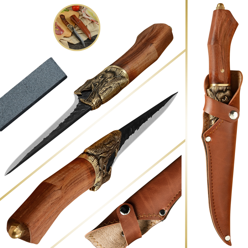 XYJ Hand Forged Boning Knife 6 inch Fish Fillet Knives With Leather Sheath&amp;Whetstone Meat Cleaver Camping Chef Knife