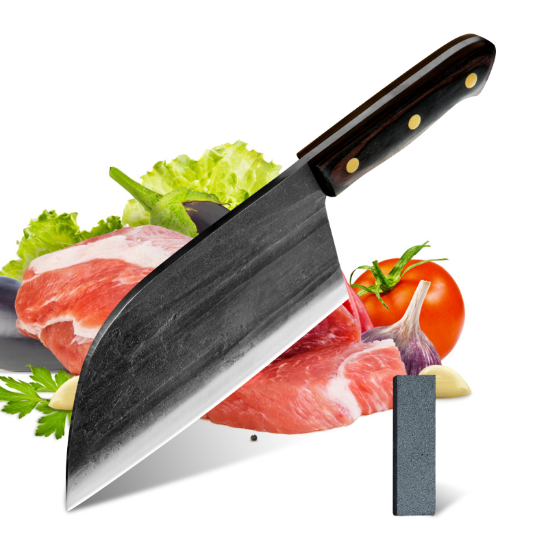 XYJ Full Tang Serbian Chef Knife 8 inch Butcher Knife Meat Cleaver With Leather Sheath&amp;Whetstone For Kitchen Camping or BBQ