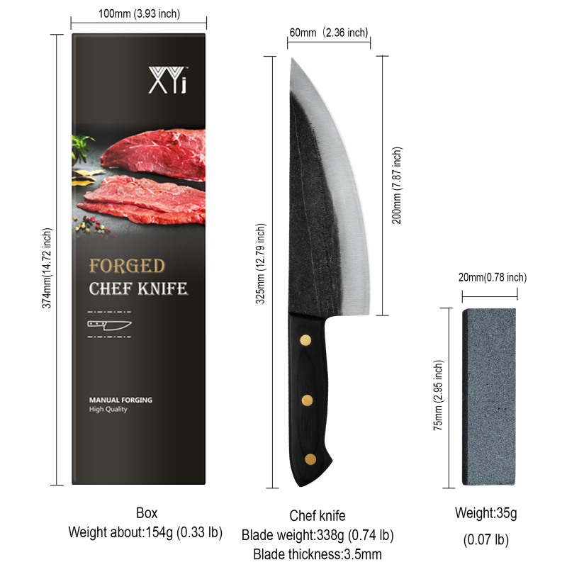 XYJ Full Tang Chef Knife 8 inch Forged Kitchen Knives Stainless Steel Cleaver with Mini Whetstone Ideal for Home Restaurant or Camping