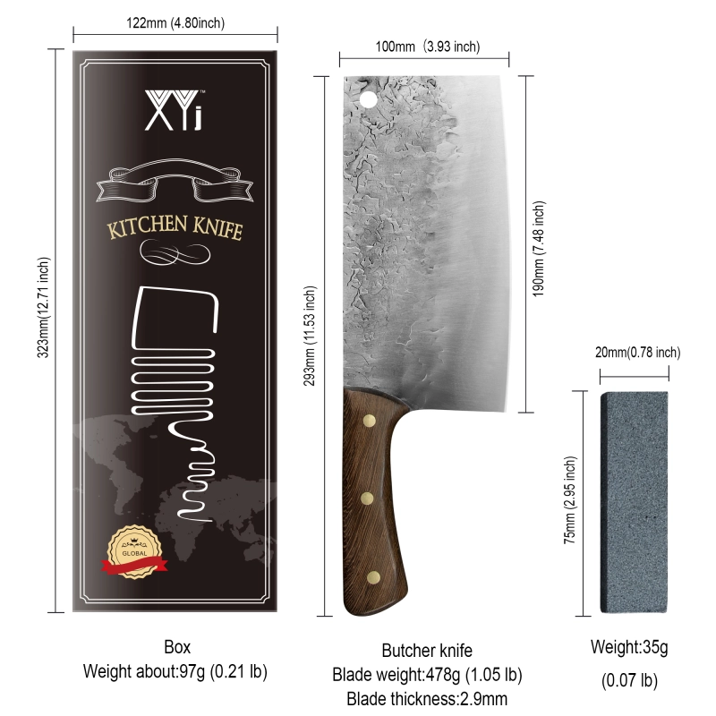 XYJ Full Tang Kitchen Knife 7.5 Inch Forged Chef Knives Cleaver Slicing Knives For Meat Vegetable With Mini Whetstone