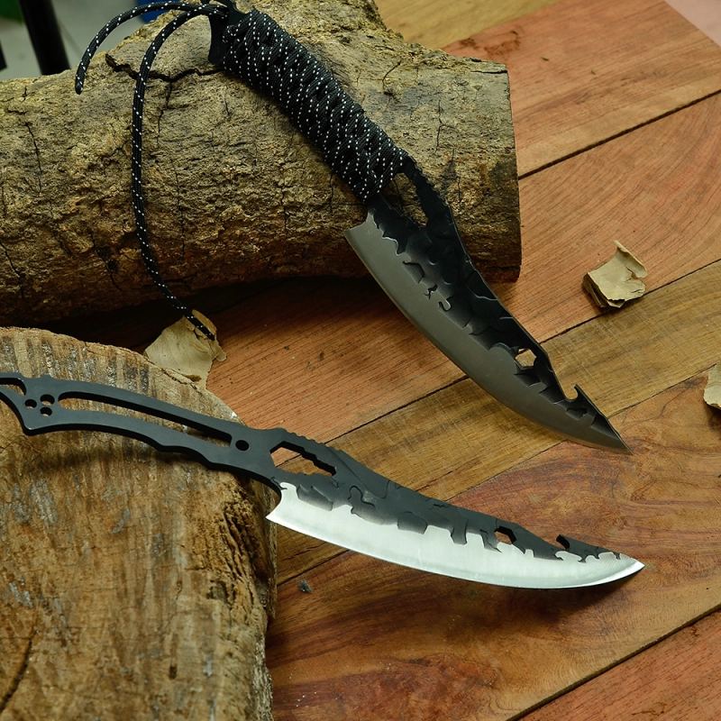 XYJ 6.5” Fixed Blade Paracord Hunting Knife Set Of 2- Full Tang Hammer Finish Cool Bionics Shark Blade Boning Filleting Slicing Knives Bottle Opener H