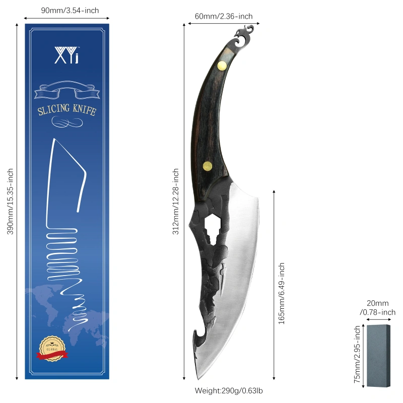 XYJ 6.5” Full Tang Chef Meat Knife With Bottle Opener Hex Spanner- Rosefinch Wood handle Razor Sharp Curved Rhino Knife Blade Kitchen And Outdoor Boni