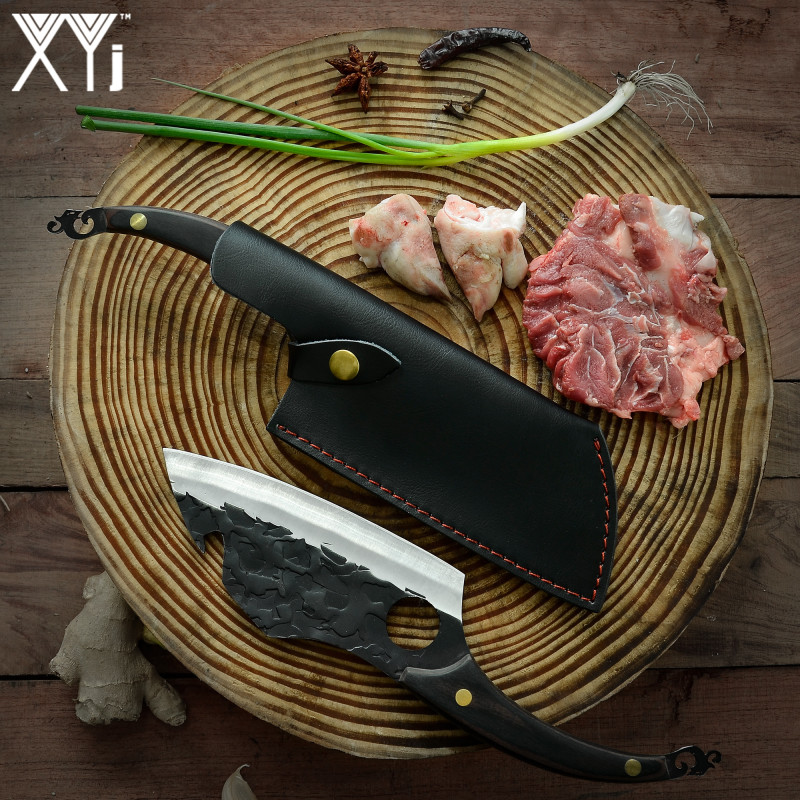 XYJ 6.5” Full Tang Leather Sheath Handmade Chef Boning Knife &amp; Whetstone - Portable Hammer Pattern Stainless Steel Fixed Hole Blade With Bottle Opener