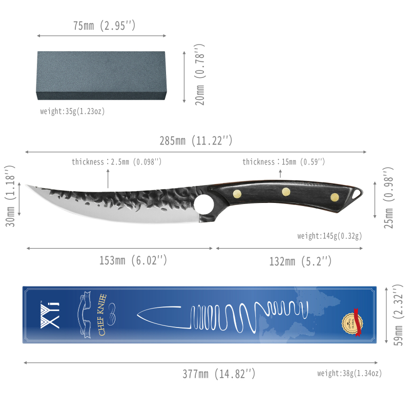 XYJ 6 Inch Stainless Steel Handmade Boning Knife - Professional Full Tang Flexible Finger Hole Hammer Finish Blade Fish Fillet Poultry Boning Brisket 