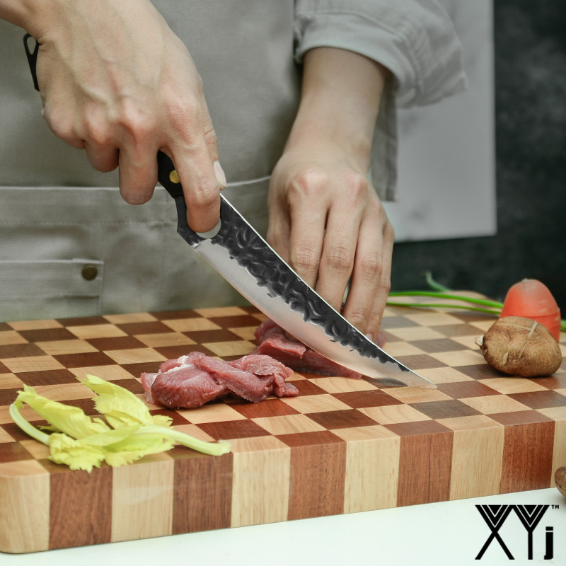 XYJ 6 Inch Stainless Steel Handmade Boning Knife - Professional Full Tang Flexible Finger Hole Hammer Finish Blade Fish Fillet Poultry Boning Brisket 