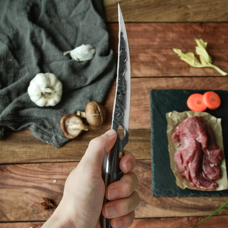 XYJ 6 Inch Stainless Steel Handmade Boning Knife - Professional Full Tang Flexible Finger Hole Hammer Finish Blade Fish Fillet Poultry Boning Brisket 