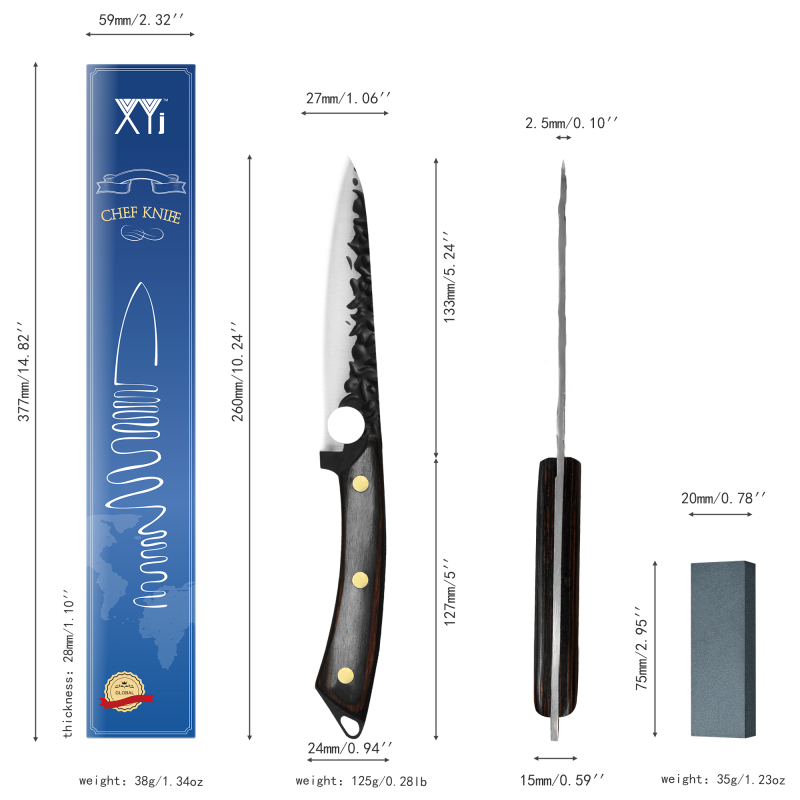 XYJ 5.5 Inch Full Tang Kitchen Utility Knife - Razor Sharp Stainless Steel Finger Hole Narrow Blade Meat Vegetable Fruit Paring Knives With Ergonomic 