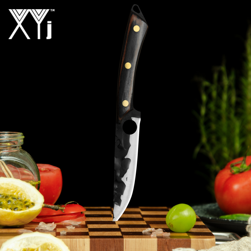 XYJ 5 Inch Stainless Steel Dinner Steak Knife With Whetstone - Full Tang Small Kitchen Utility Knife, Finger Hole Black Blade Fruit Peeling Meat Carvi