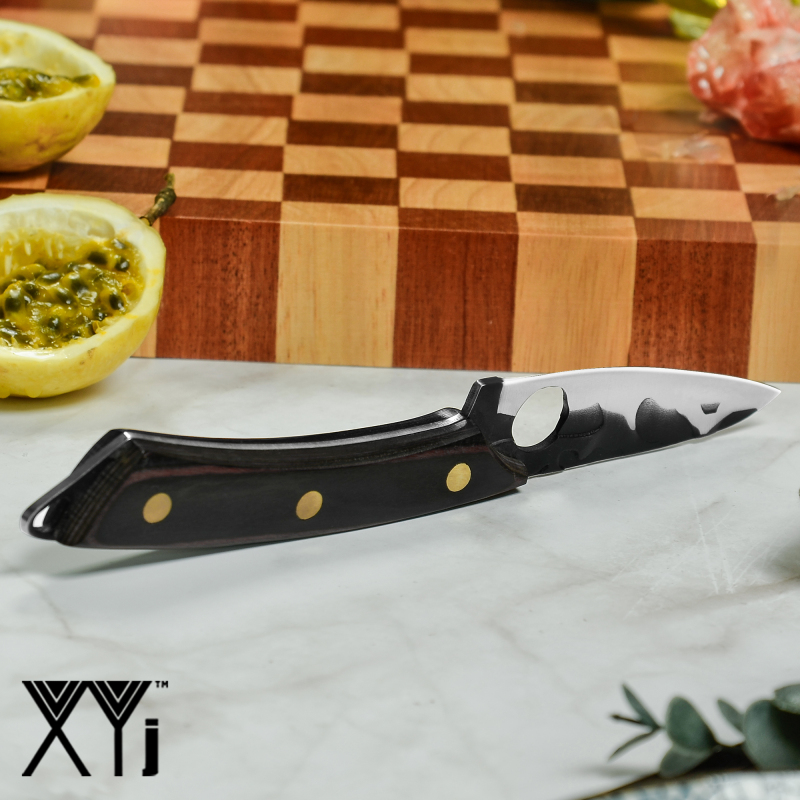 XYJ 3.5 Inch Full Tang Fruit Knife - Razor Sharp Stainless Steel Hammer Finish Blade Wood Handle Small Kitchen Knife For Fruits Melon Peeling, Come Wi