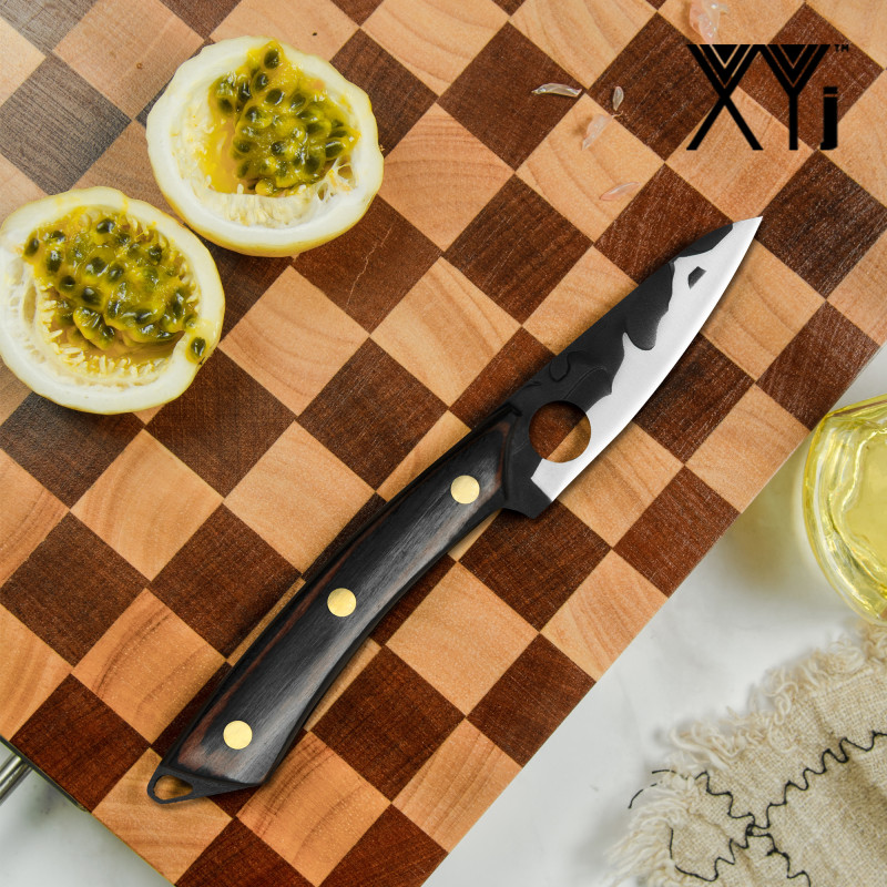 XYJ 3.5 Inch Full Tang Fruit Knife - Razor Sharp Stainless Steel Hammer Finish Blade Wood Handle Small Kitchen Knife For Fruits Melon Peeling, Come Wi