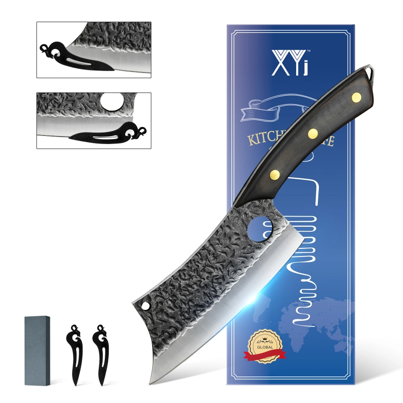 XYJ 7 Inch Pointed Tactical Knife Cleaver Full Tang Stainless Steel Hammer Finish Finger Hole Blade With Pakka Wood Handle - Mini Whetstone &amp; Gift Box