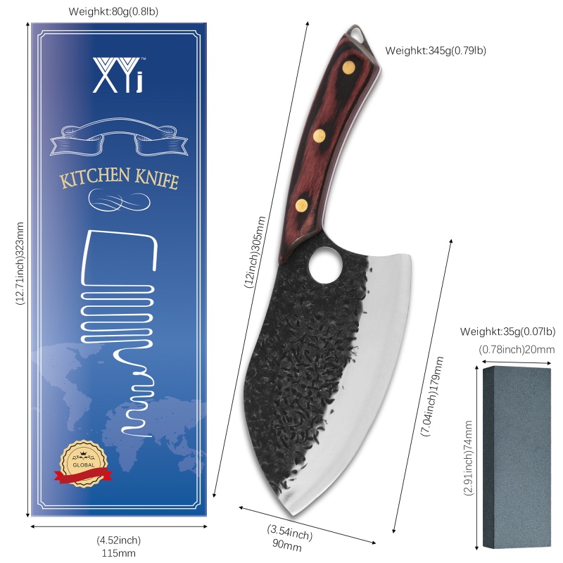 XYJ 7 Inch Large Cleaver Butcher Heavy Duty Vegetable Meat Chopping Knife Hammer Finish Stainless Steel Powerful Blade For Kitchen Restaurant Outdoor