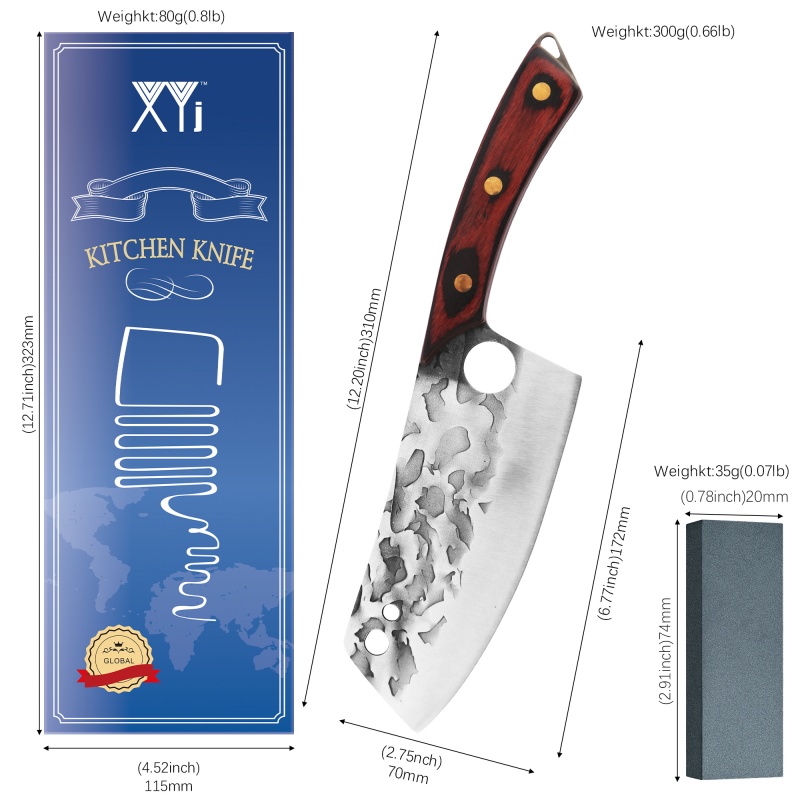 XYJ 7 Inch Full Tang Asian Meat Cleaver Knife Stainless Steel Kitchen Knives Vegetable Chopping Razor Sharp Blade With Full Tang Wood Handle