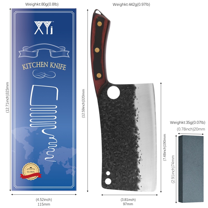 XYJ 7.5 Inch Powerful Serbian Cleaver Extra Large Butcher Chopping Knife Stainless Steel Hammered Sharp Blade Full Tang Wood Handle For Heavy Duty
