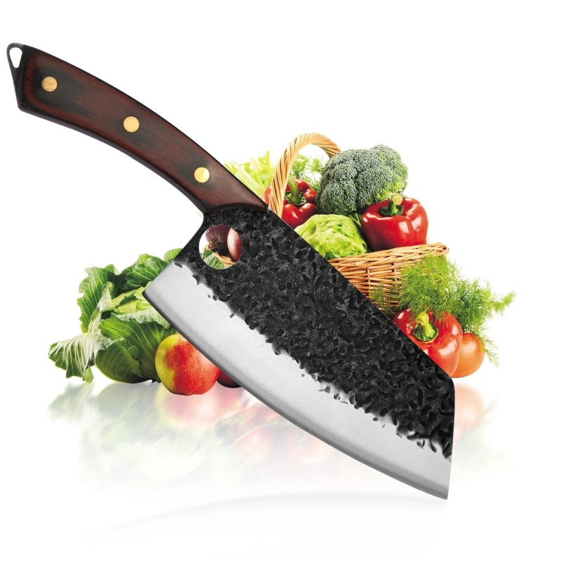 XYJ 7.5 Inch Full Tang Stainless Steel Kitchen Cleaver Fish Meat Vegetable Chopping Knife Hammer Finish Blade With Ergonomic Wood Handle