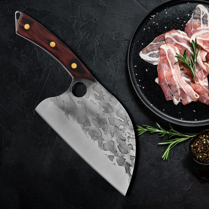 XYJ 7 Inch Effort Saving Butcher Knife With Mini Whetstone - Powerful Heavy Duty Meat Vegetable Chopping Asian Cleaver With Full Tang Pakkawood Handle