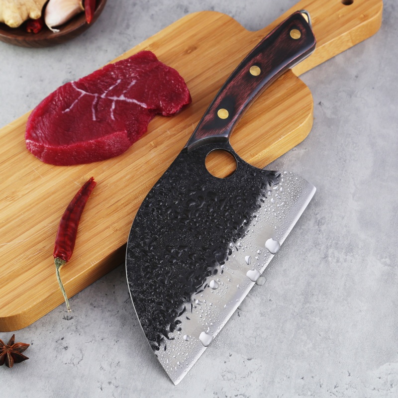 XYJ 7 Inch Effort Saving Serbian Chef Knife Kitchen Butcher Cleaver Vegetable Chopping Knife Hammered Blade With Full Tang Wood Handle