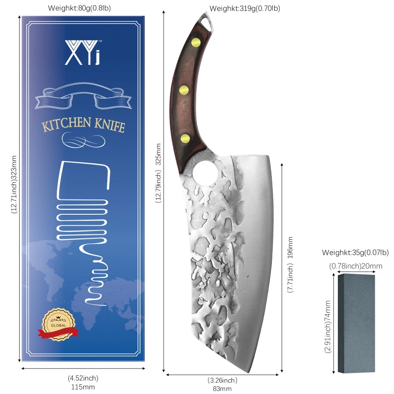 XYJ 7.5 Inch Full Tang Hand Made Cleaver Knife Finger Hole Blade Hammer Finish Ergonomic Full Tang Pakka Wood Handle For Chopping Vegetable Meat Fish