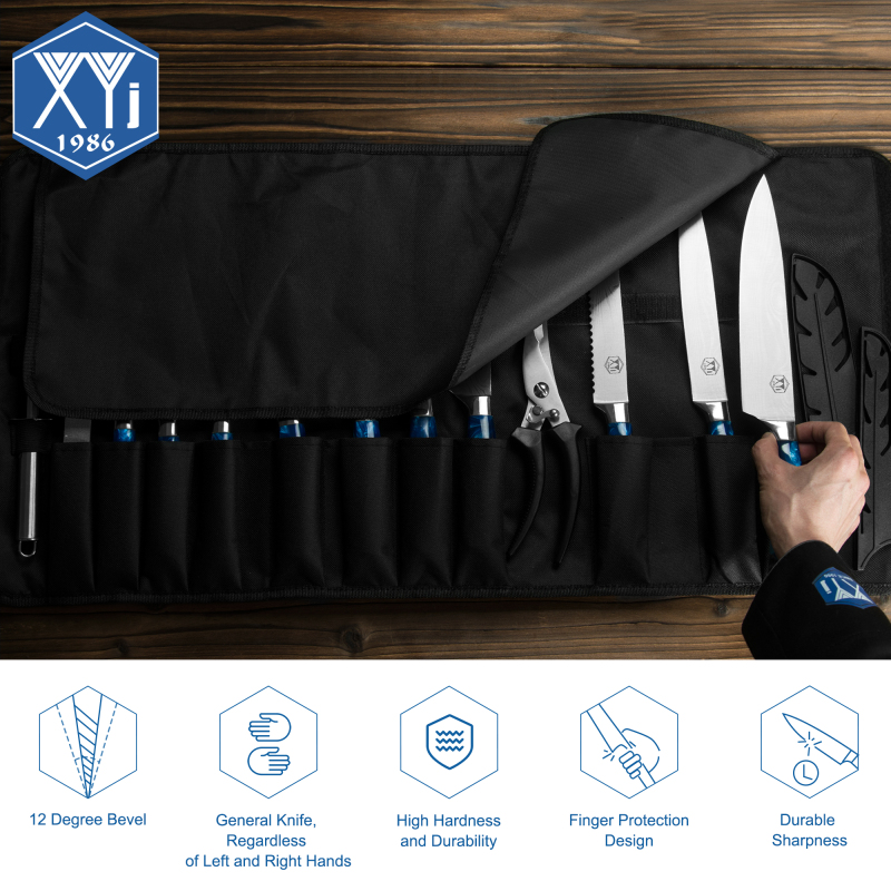 XYJ Professional Knife Sets for Master Chefs with Bag Scissors Stainless Steel Culinary Kitchen Cooking Cutting Etched Laser Pattern