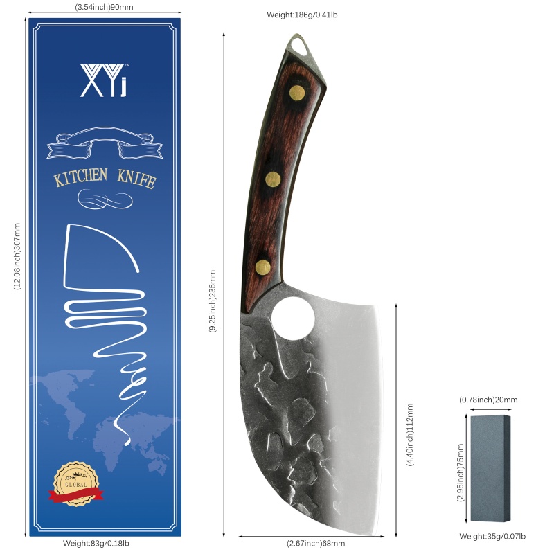 XYJ 4.5 Inch Stainless Steel Small Chef Cleaver Mini Kitchen Knife Full Tang Wood Handle Hammer Finish Fixed Blade For Outdoor Fishing BBQ Camping