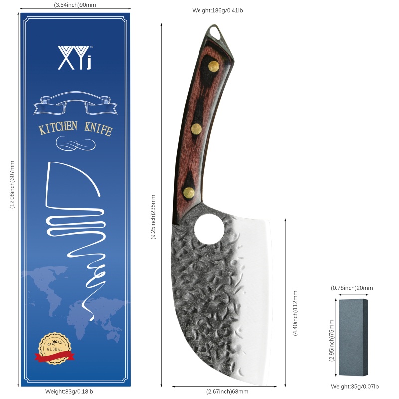 XYJ 4.5” Small Cleaver Kitchen Knife Stainless Steel Blade Full Tang Wood Handle For Cutting Cheese Meat Vegetable Fruits Brisket