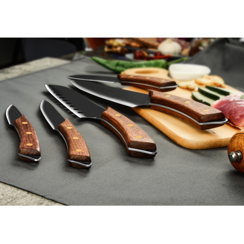 XYJ Complete Kitchen Knife Set Stainless Steel Black Blade With Full Tang Wood Handle - Bone Shears Honing Steel Whetstone Knife Roll Bag Knife Sheath