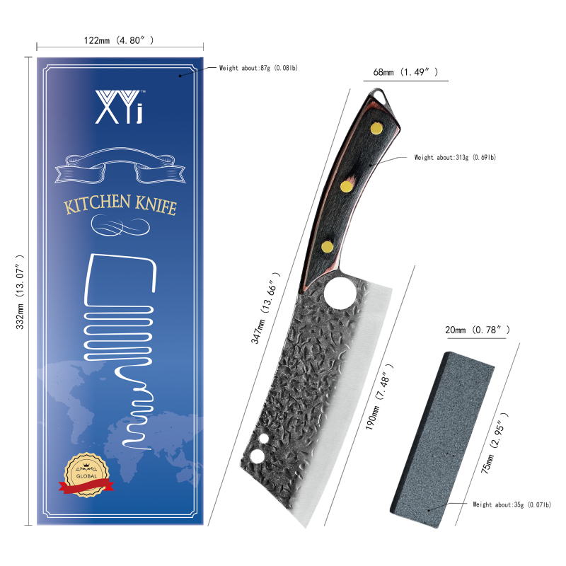 XYJ Razor Sharp 7.5 Inch Meat Cleaver Chef Cleavers Full Tang Wood Handle Finger Hole Hammered Blade For Chopping Meat Large Vegetable Fish Salad