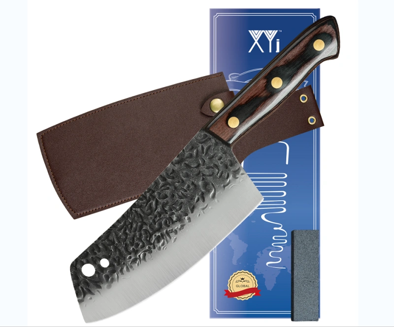 XYJ 4 Type Asian Cleaver Meat Vegetable Chopping Knife Hammer Finish Blade Full Tang Pakka Wood Handle