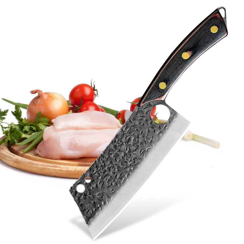 XYJ Razor Sharp 7.5 Inch Meat Cleaver Chef Cleavers Full Tang Wood Handle Finger Hole Hammered Blade For Chopping Meat Large Vegetable Fish Salad