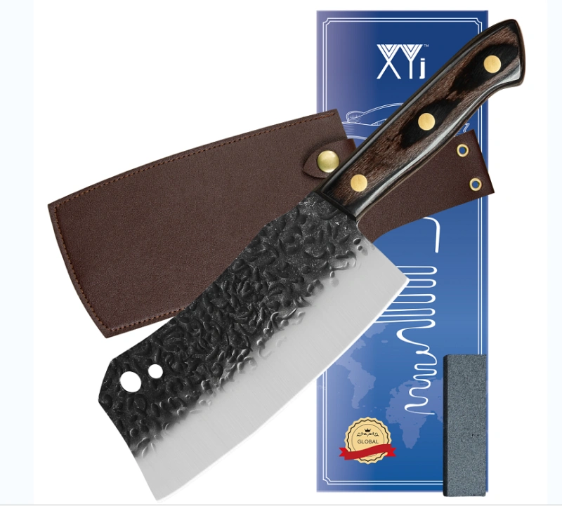XYJ 4 Type Asian Cleaver Meat Vegetable Chopping Knife Hammer Finish Blade Full Tang Pakka Wood Handle