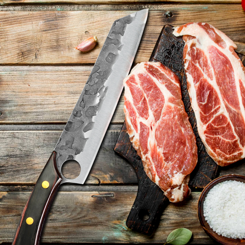 XYJ Hammer Forged Japanese Kiritsuke Kitchen Chef Meat Knife Non-stick Finish Blade Full Tang Pakka Wood Handle