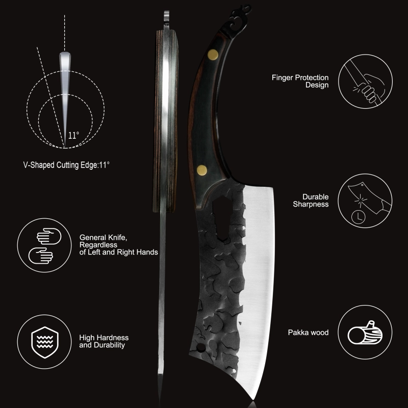 XYJ Full Tang 7 Inch Deboning Knife With Opener Stainless Steel Hammered Finger Hole Chef Nakiri Knives Sheath&amp;Whetstone