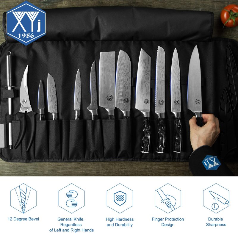 XYJ Professional Master Chef Knives with Bag Scissor Stainless Steel Culinary Kitchen Cooking Cutting Utility Nakiri Slicing Knives