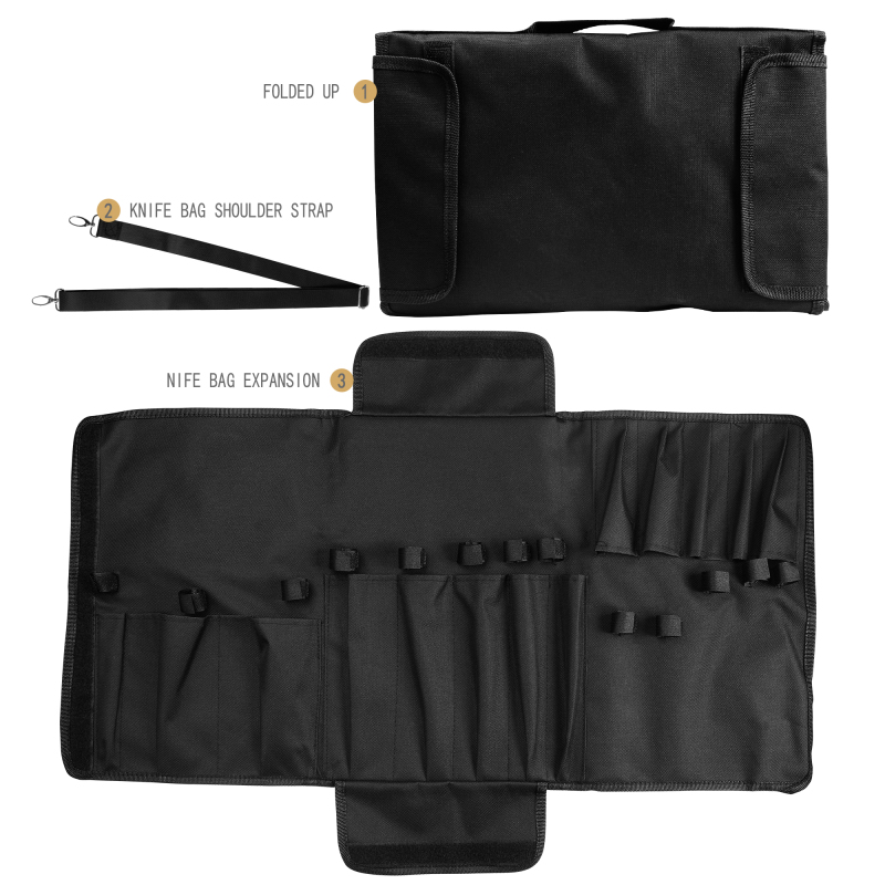 XYJ Black Knife Bag (13 slots) Carry Chef Knives Bags With Shoulder Belt Oxford Cloth Portable Case For Kitchen Knife Sharpener Rod