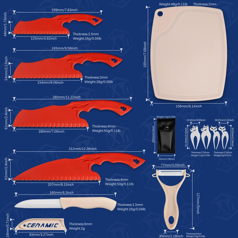 XYJ Cake Knives Set With Ceramic Paring Knives Cutting Board Fruit Fork Serrated Bread Knife For Pastry Pizza Cutting Tools