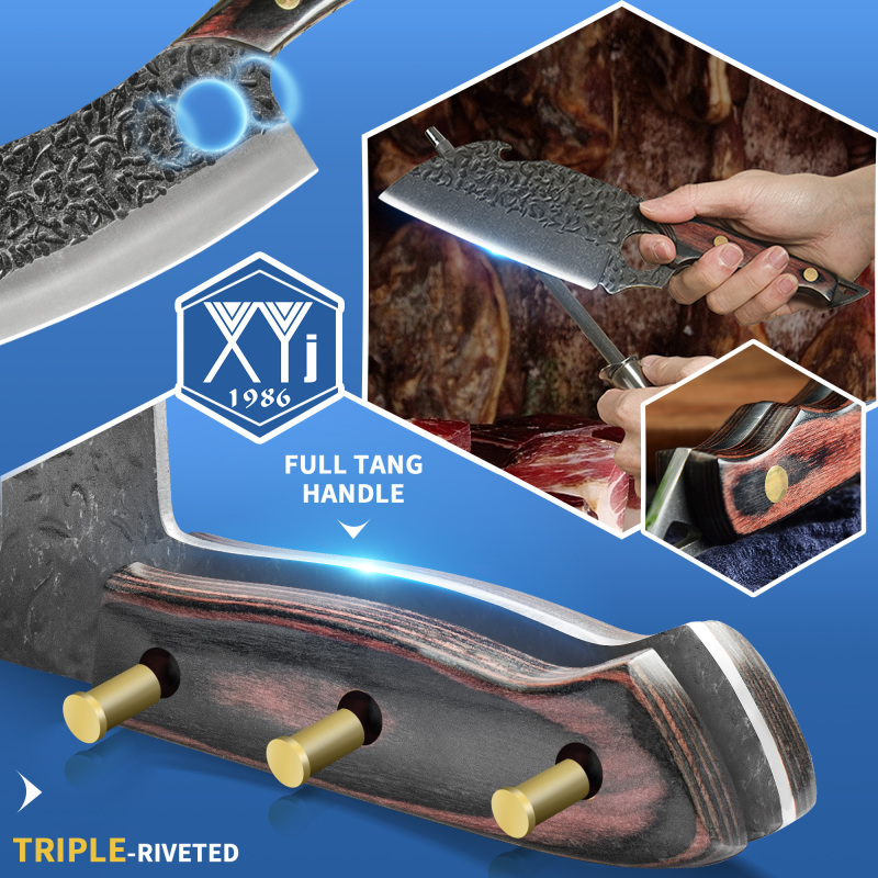 XYJ 8pcs Camping Knives Set With Roll Bag Sheath Full Tang Vegetable Meat Knives Serbian Boning Knife Kitchen Butcher Knife