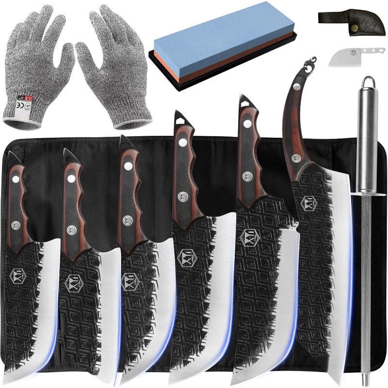 XYJ Full Tang Camping Knife Set Butcher Slaughting Knives With Chef Bag Honing Steel Vegetable Kitchen Knife High Carbon Steel