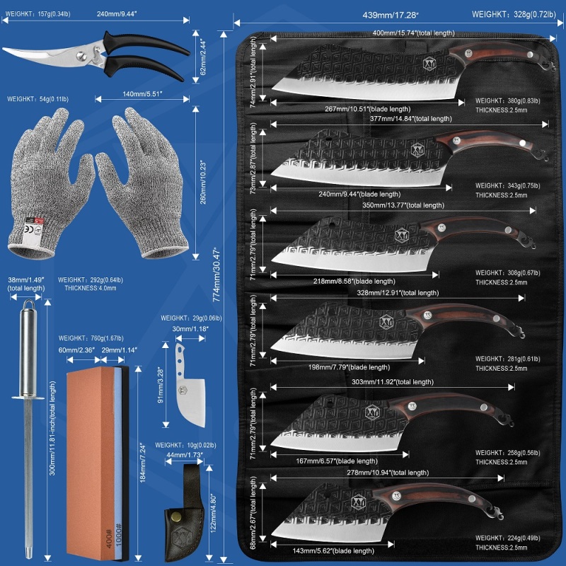 XYJ Camping Slicing Knives Set Vegetable Chef Knife With Rolling Bag Scissors Sharpener Carving Outdoor Butcher Meat Knife