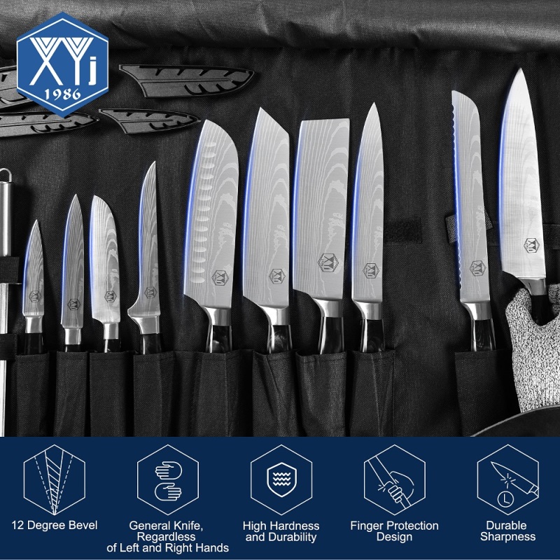 XYJ Stainless Steel Cutlery Knives Set With Carry Bag&amp;Cover Culinary Chef Knives Utility Nakiri Knife Santoku Slicing Boning Knife