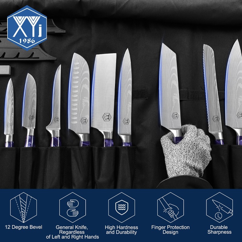 XYJ Japanese Culinary Knives Set With Roll Bag&amp;Cover Sharpener Rod Santoku Chef Knives Nakiri Slicing Boning Knife For Kitchen Camping